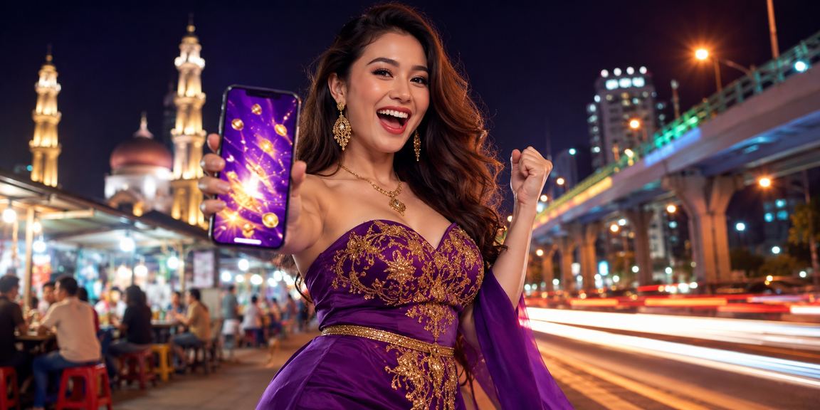 Pengguna mengakses jackpot dari ponsel di pasar malam dengan suasana penuh warna