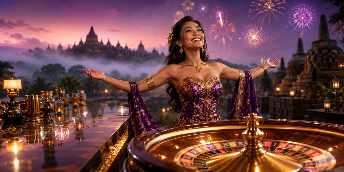 Suasana festival dengan meja roulette yang ramai dan penuh warna di lingkungan hiburan